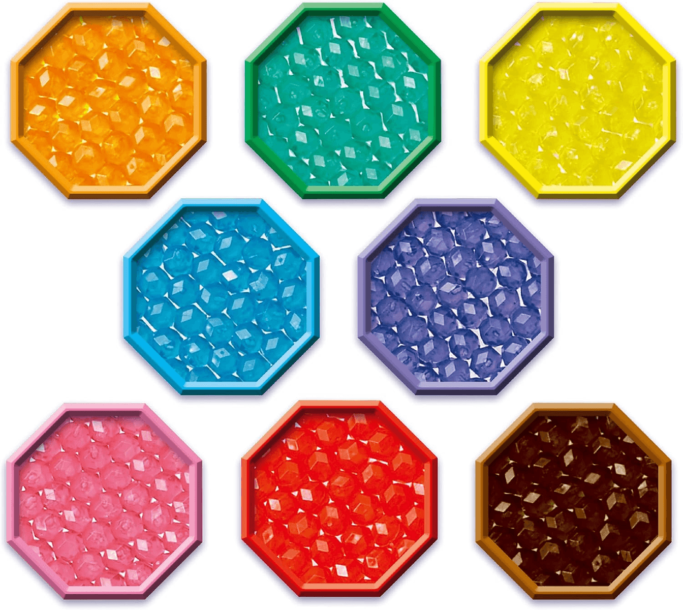 Ocho hexágonos de colores llenos de cuentas facetadas brillantes.