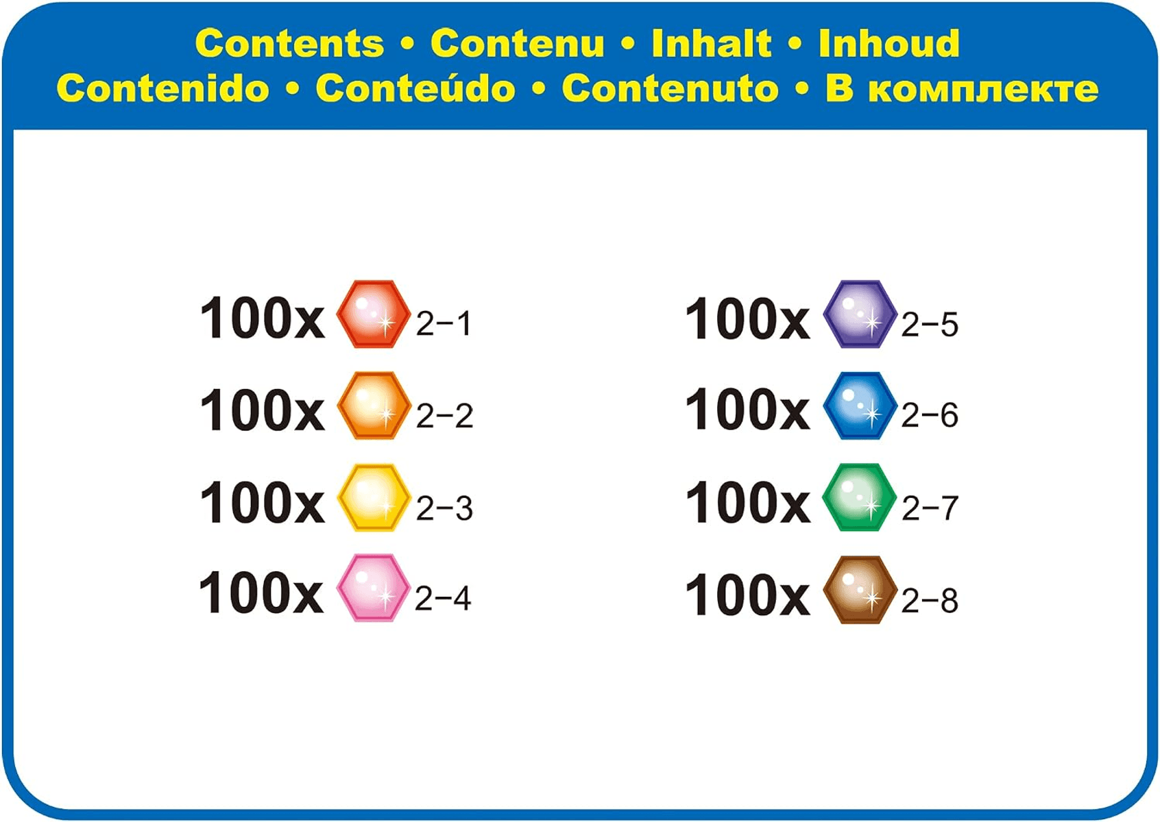 Lista de contenido que muestra las cantidades de ocho gemas hexagonales de diferentes colores, cada una con 100.