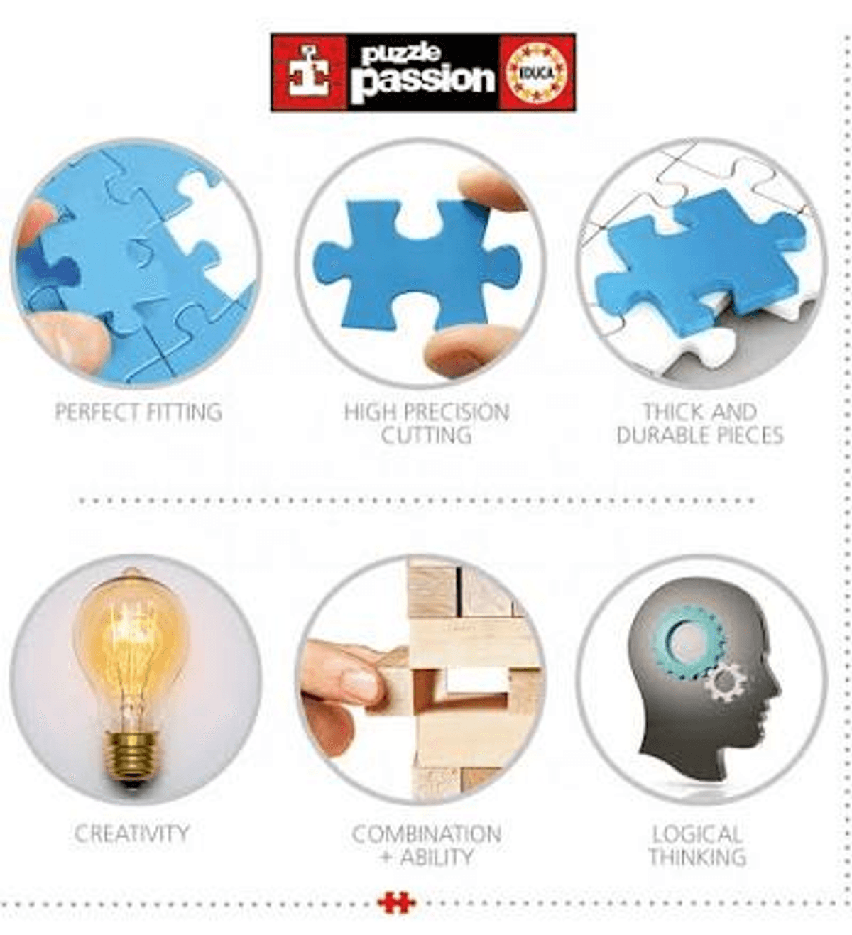 Seis círculos muestran características de rompecabezas y habilidades cognitivas: ajuste, precisión, durabilidad, creatividad, combinación y lógica.