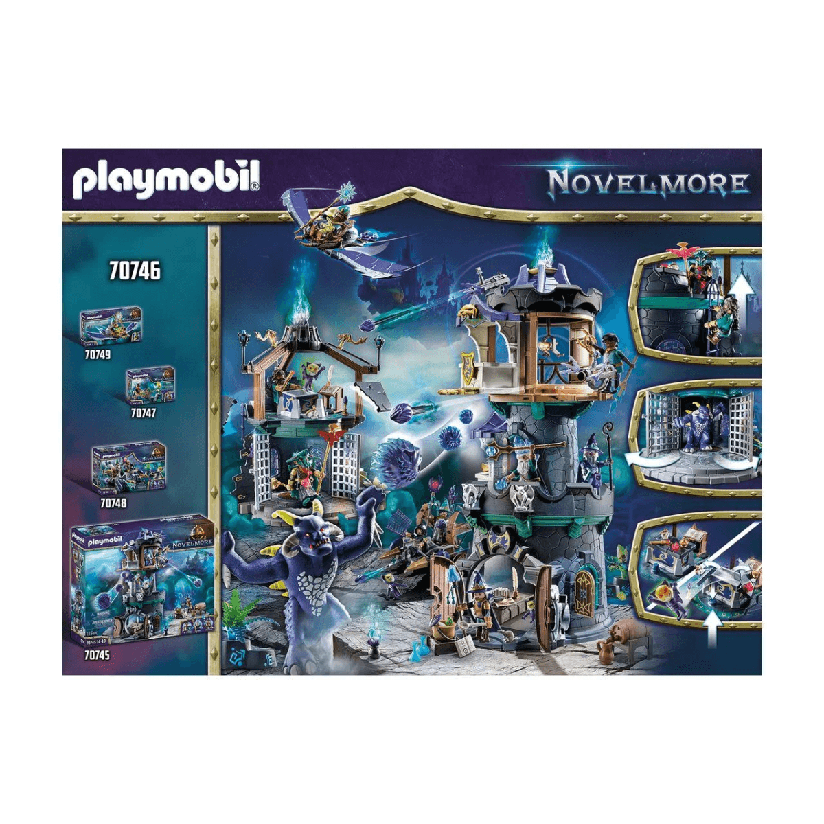 Playmobil Novelmore Set 70746 mit Zaubererfiguren, einem Steinturm, einem blauen Monster und magischem Zubehör.