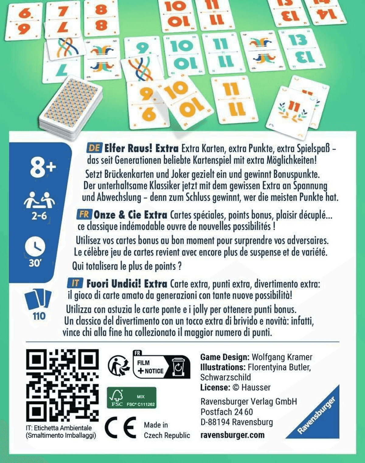 Rückseite einer Brettspielverpackung mit Spielkarten, Regeln und QR-Code.