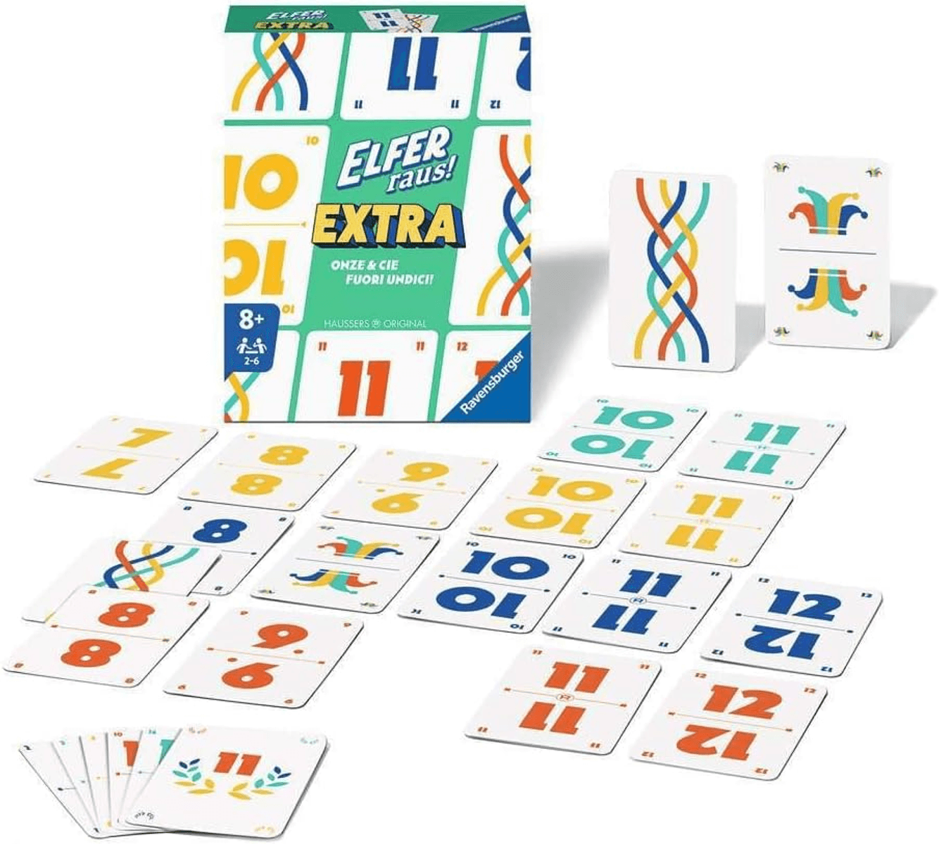 Elfer raus! Extra Kartenspielschachtel und verstreute Spielkarten mit Zahlen und Mustern.