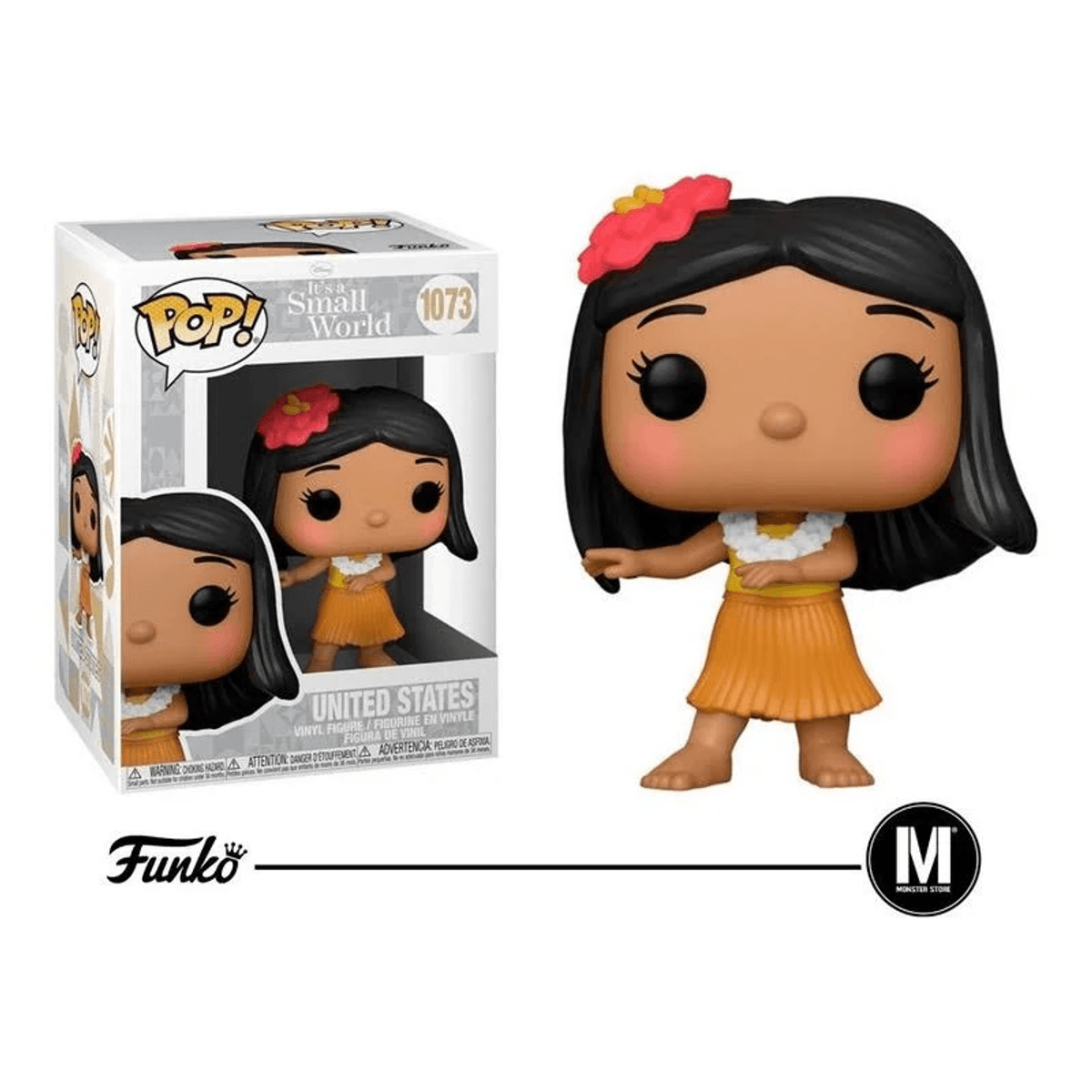 Eine Funko Pop Figur des US-Charakters aus It's a Small World mit gelbem Rock und roter Blume im Haar neben ihrer Verpackung.