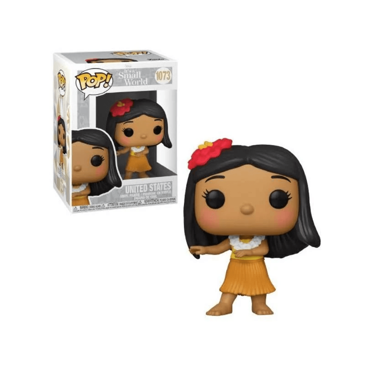 Eine Pop-Vinyl-Figur einer Hula-Tänzerin aus It's a Small World neben ihrer Verpackung.