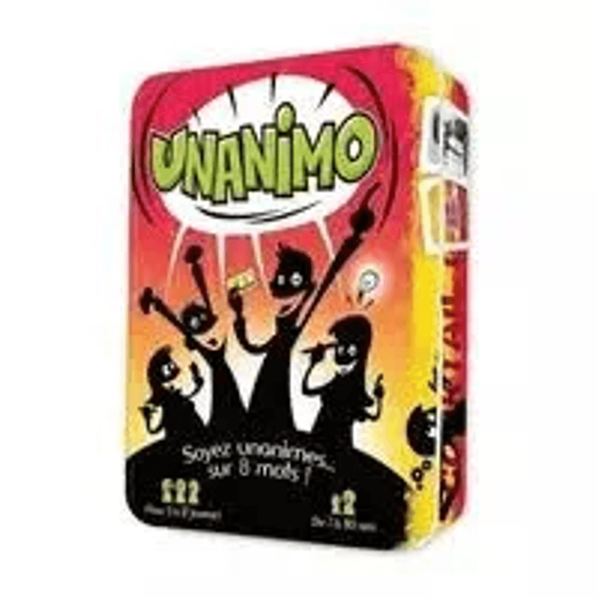Die Produktverpackung des Kartenspiels Unanimo mit roten und gelben Farben sowie vier stilisierten Figuren.