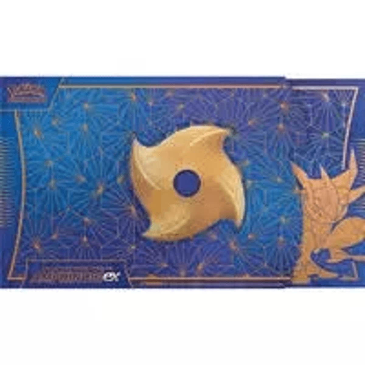 Blaue Pokemon-Sammelbox mit goldenem Shuriken-Symbol und verziertem Hintergrund.