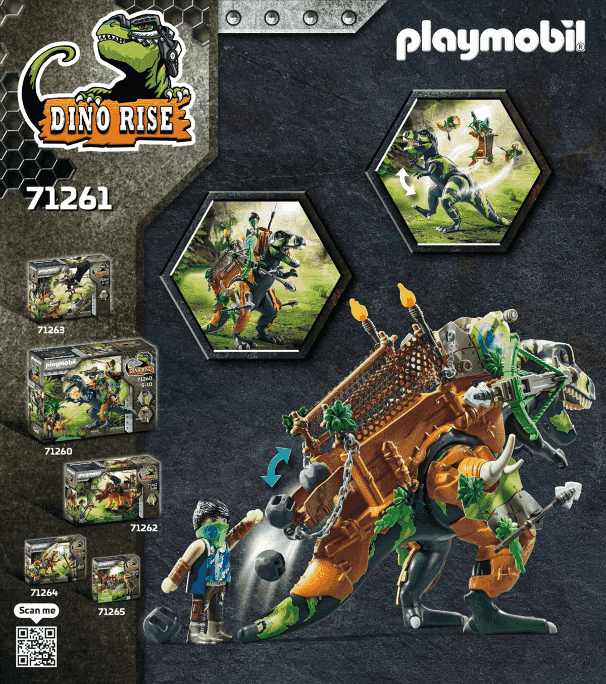Playmobil Dino Rise 71261 Set mit einem gepanzerten T-Rex, Actionfiguren und weiteren Spielsets.