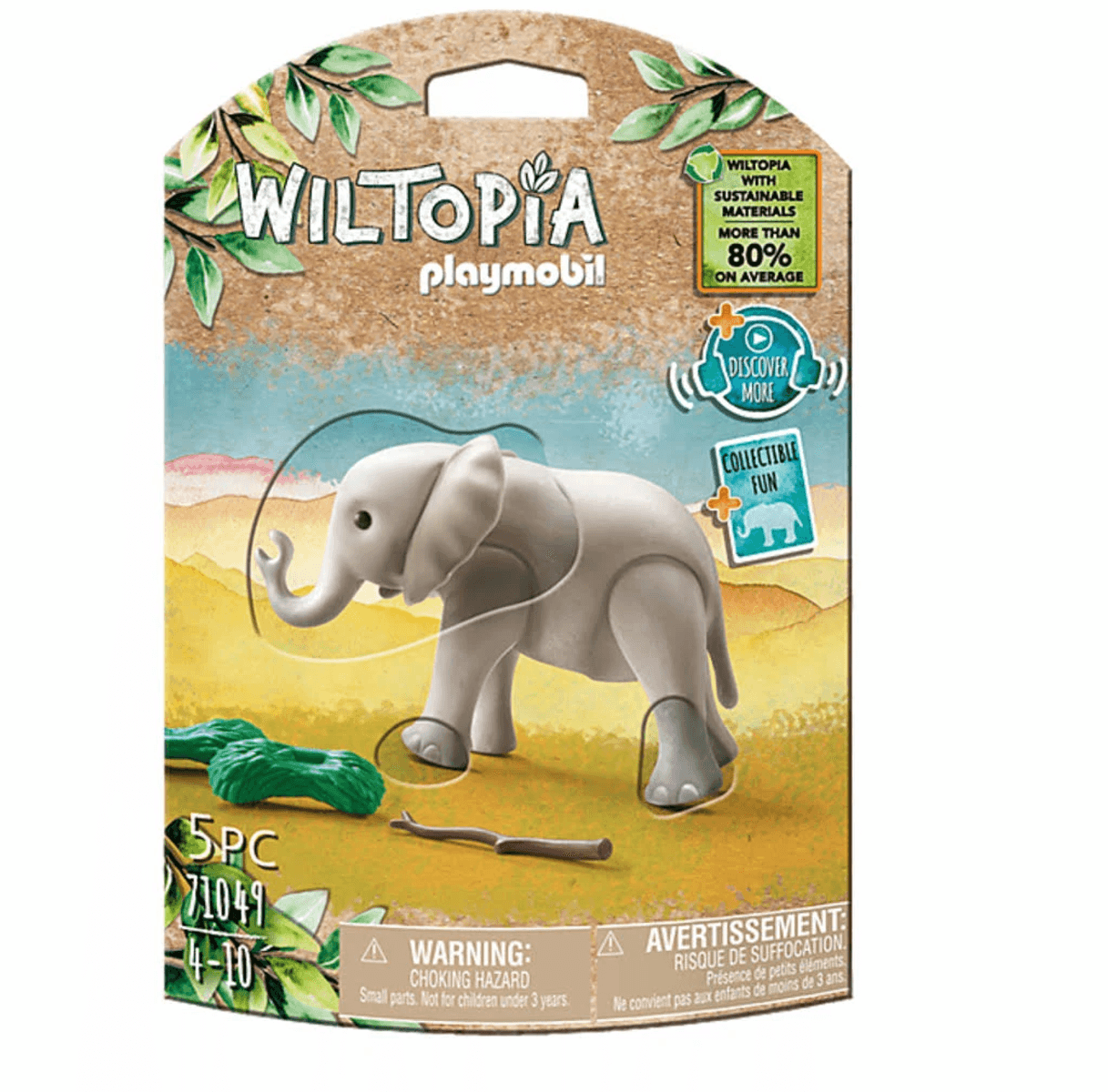 Empaque de juguete Playmobil Wiltopia con un elefante de juguete, rama y arbustos sobre un fondo tipo sabana.