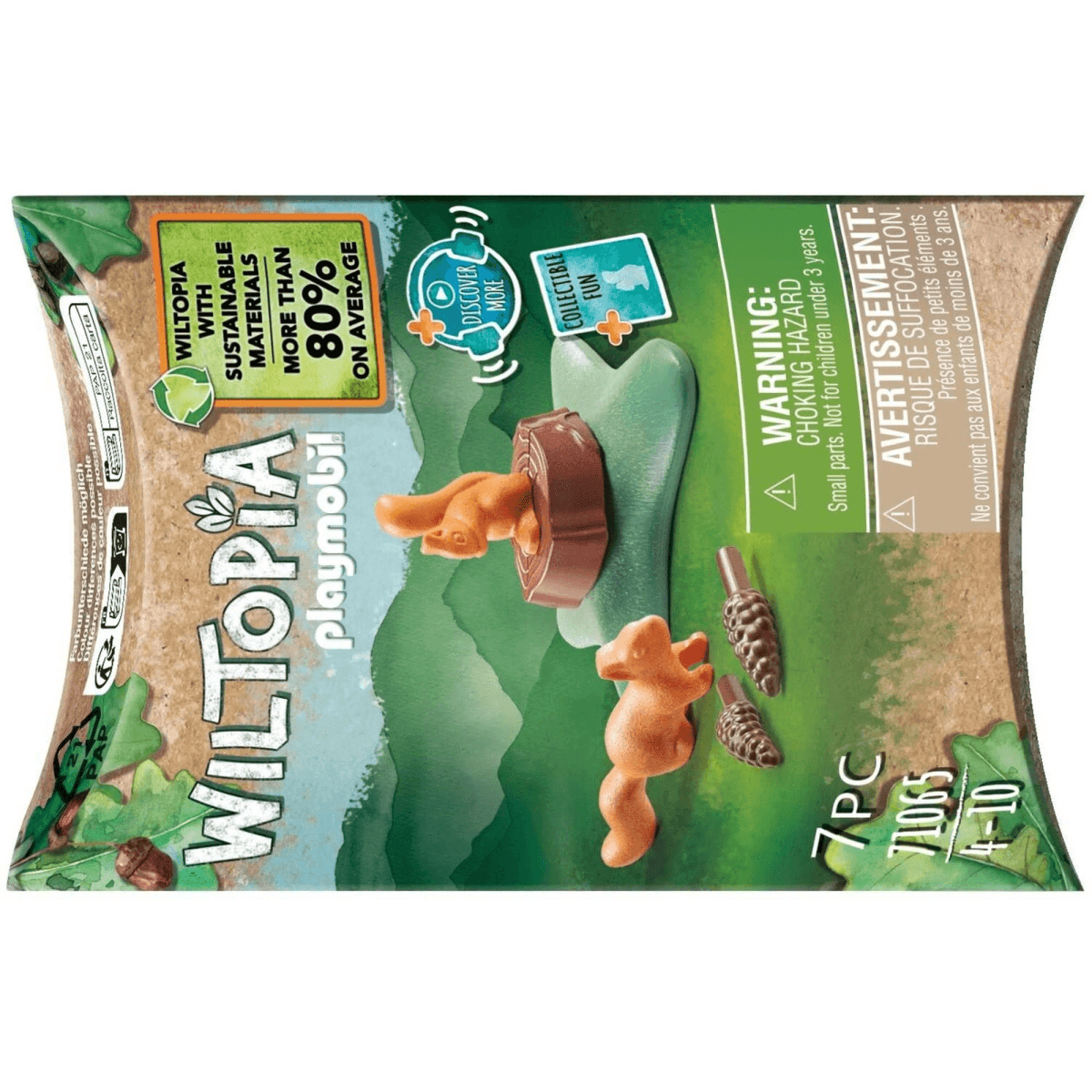 Set Playmobil Wiltopia 71065 con ardillas, piñas y tronco en empaque verde.