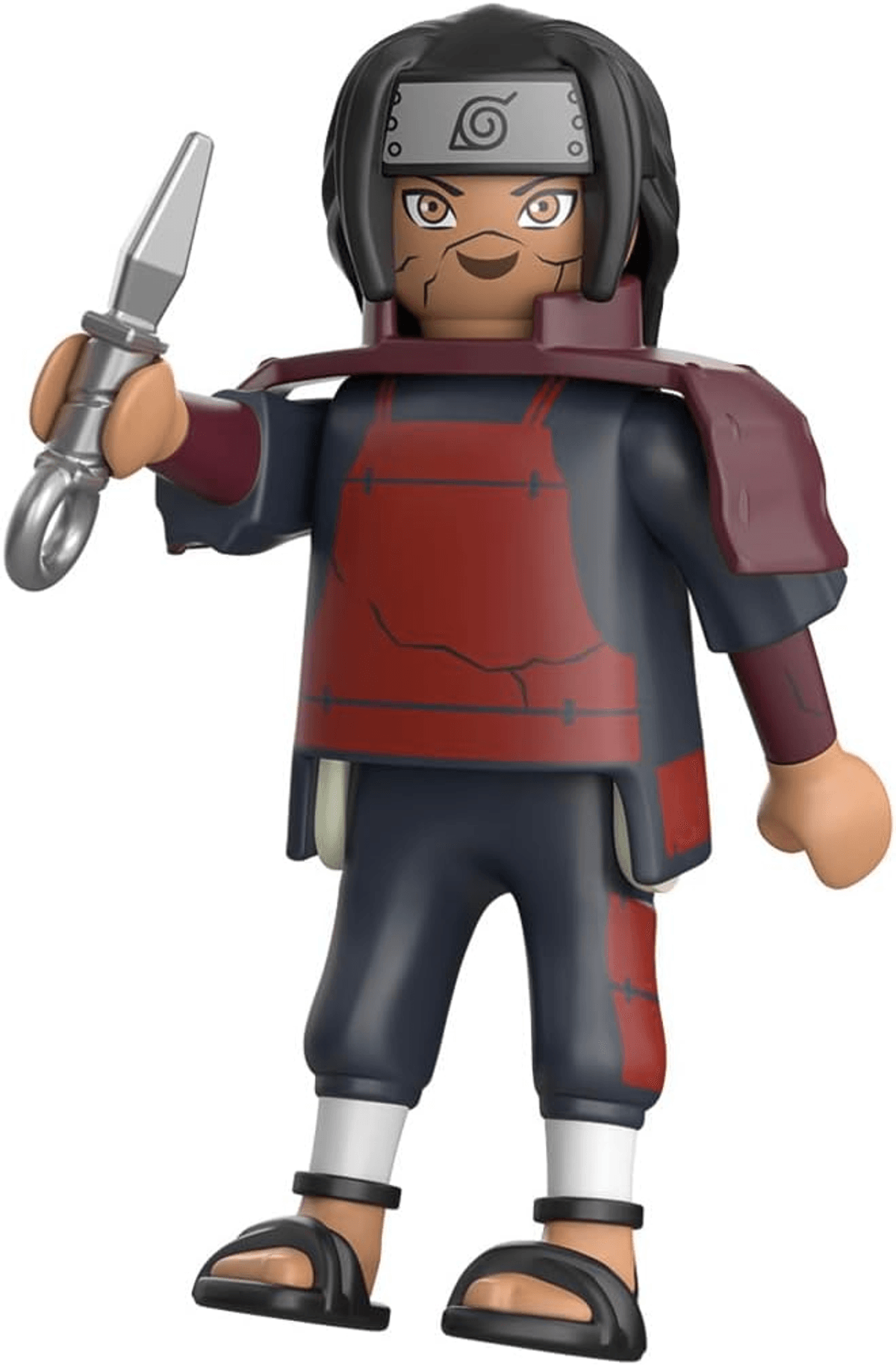 Figura de acción de anime con cabello negro largo, armadura roja y un kunai en la mano sobre fondo blanco.