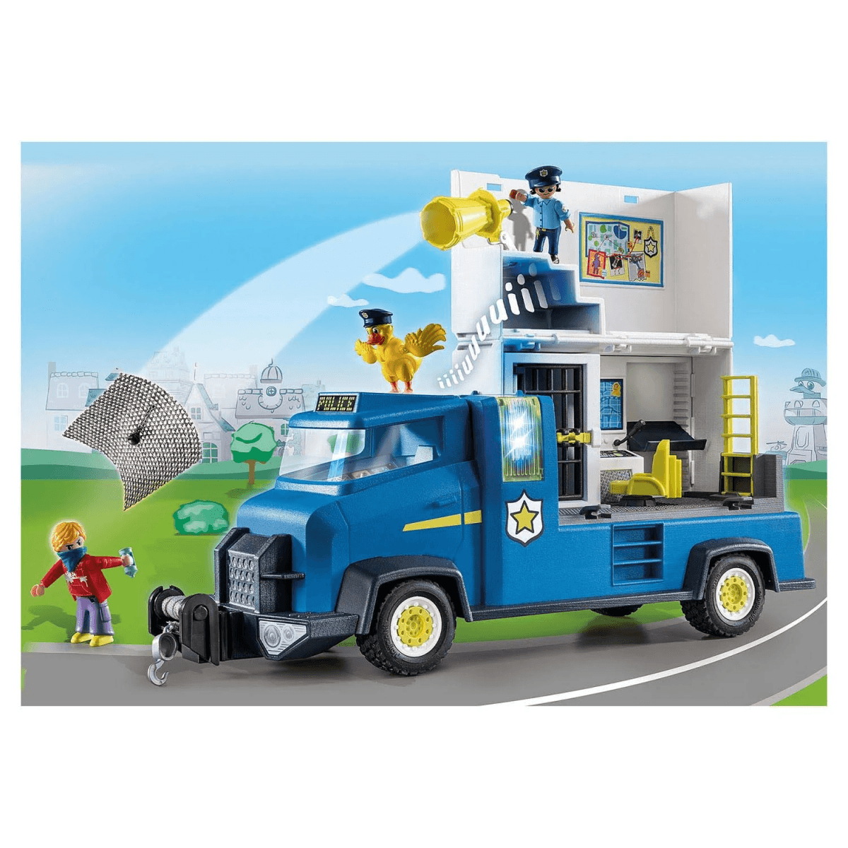 Camión de policía de Playmobil con figuras, celda, megáfono y un ladrón con botín.