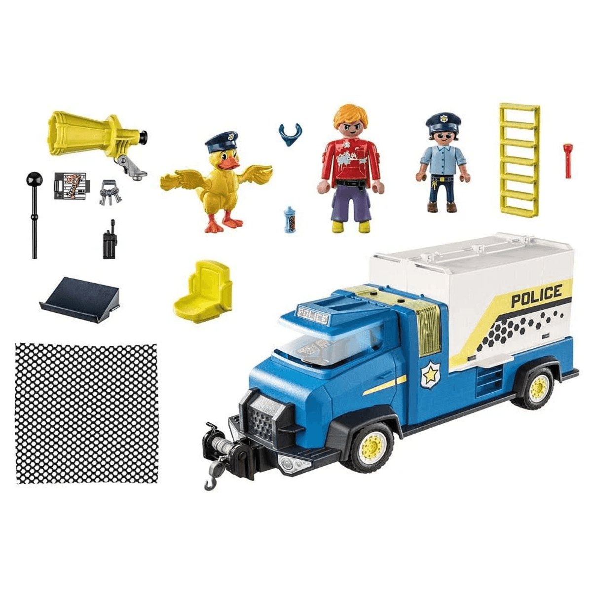 Camión de policía de Playmobil con figuras, pato, equipo y accesorios sobre fondo blanco.