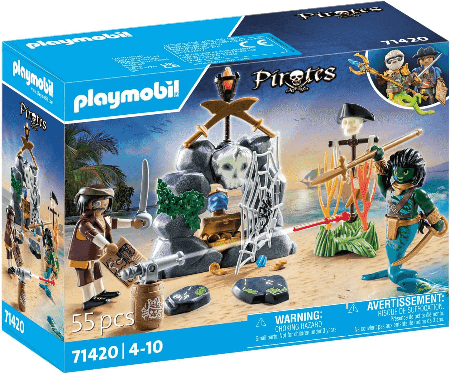 Playmobil Piraten Set 71420 mit Felsen, Schatztruhe, Kanone und Figuren am Strand.
