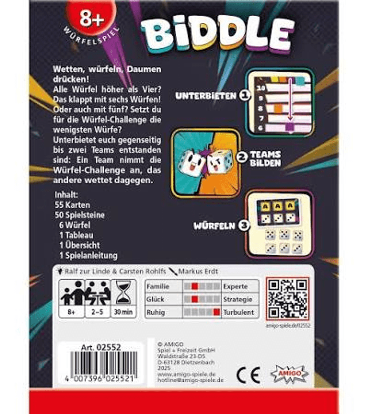 Rückseite der Spieleverpackung von Biddle mit Spielregeln, Inhalt und Grafiken.