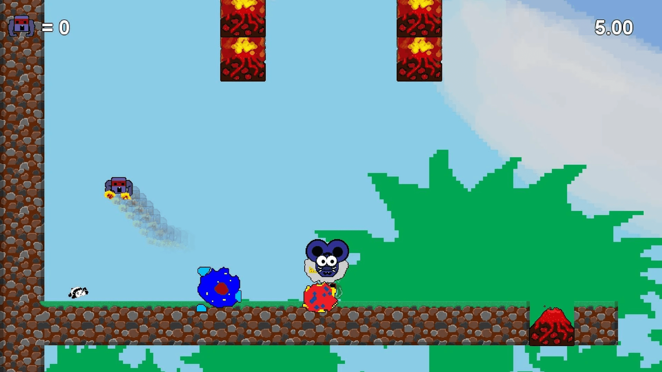 Pixel-Plattformspiel mit blauen und roten Charakteren auf felsigem Boden und Lavablöcken.