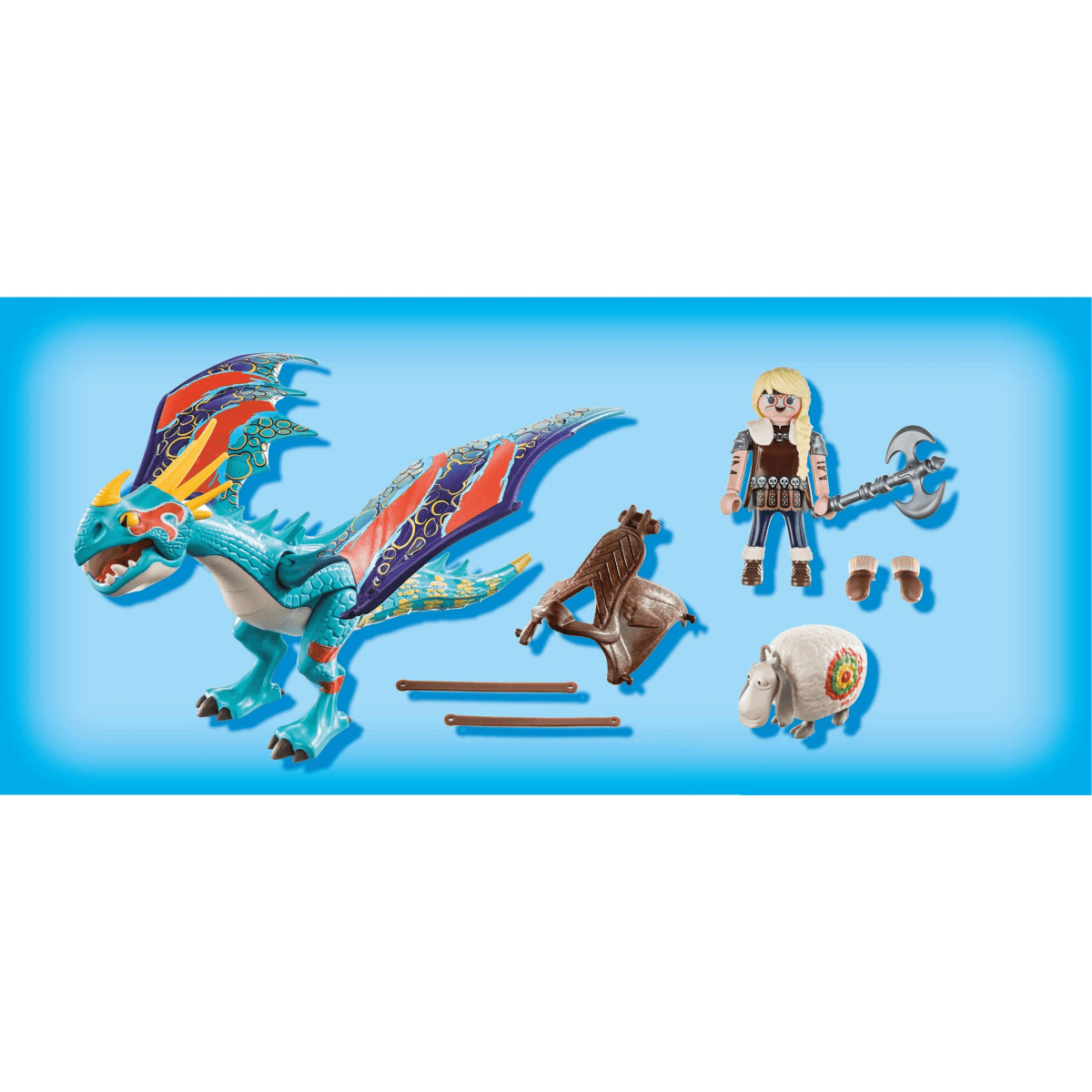 Set de dragón de Playmobil con dragón azul, figura de Astrid con hacha, silla, dos correas y una oveja pintada.