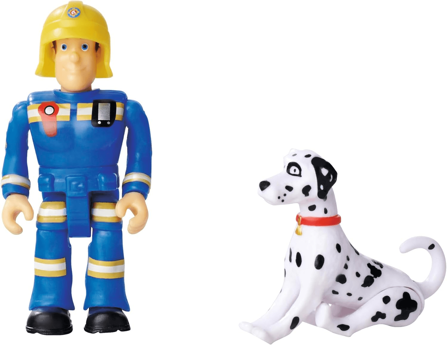 Un bombo de juguete con uniforme azul y casco amarillo junto a un dálmata sentado en blanco y negro.