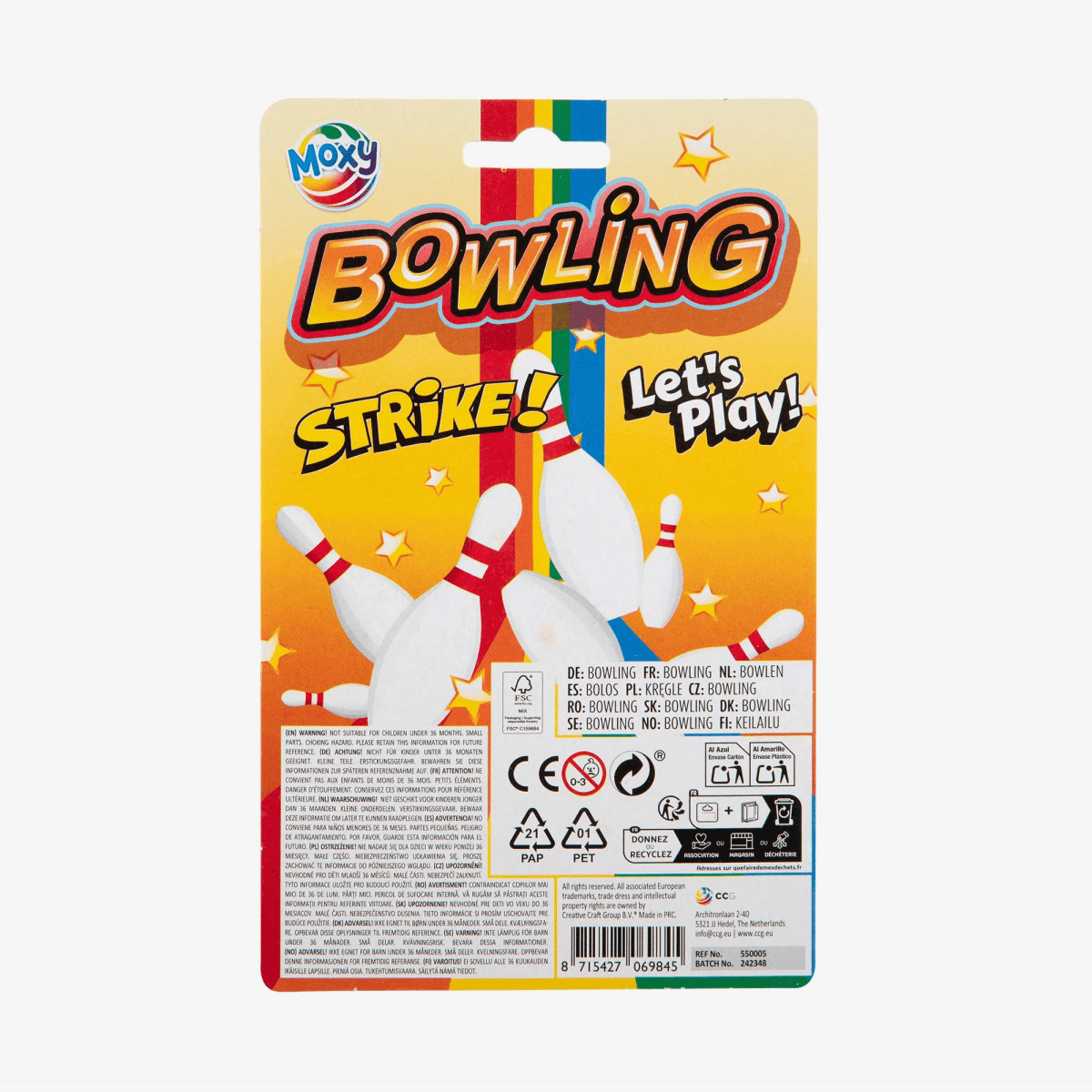 Colorido empaque Moxy Bowling con bolos blancos sobre fondo amarillo y advertencias.
