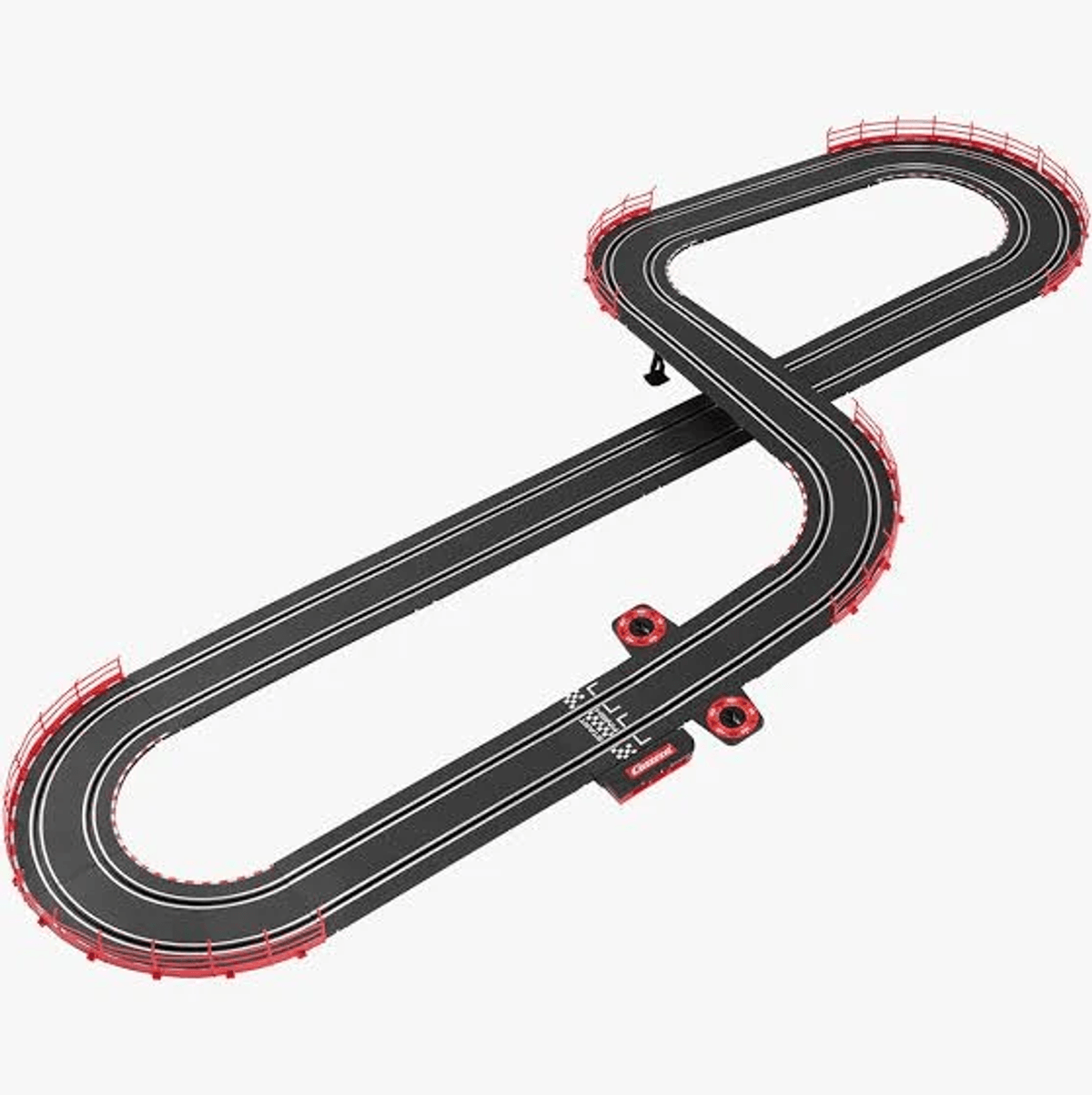 Vista cenital de una pista de coches de tragamonedas negra con barreras rojas, formando un circuito en ocho sobre fondo blanco.
