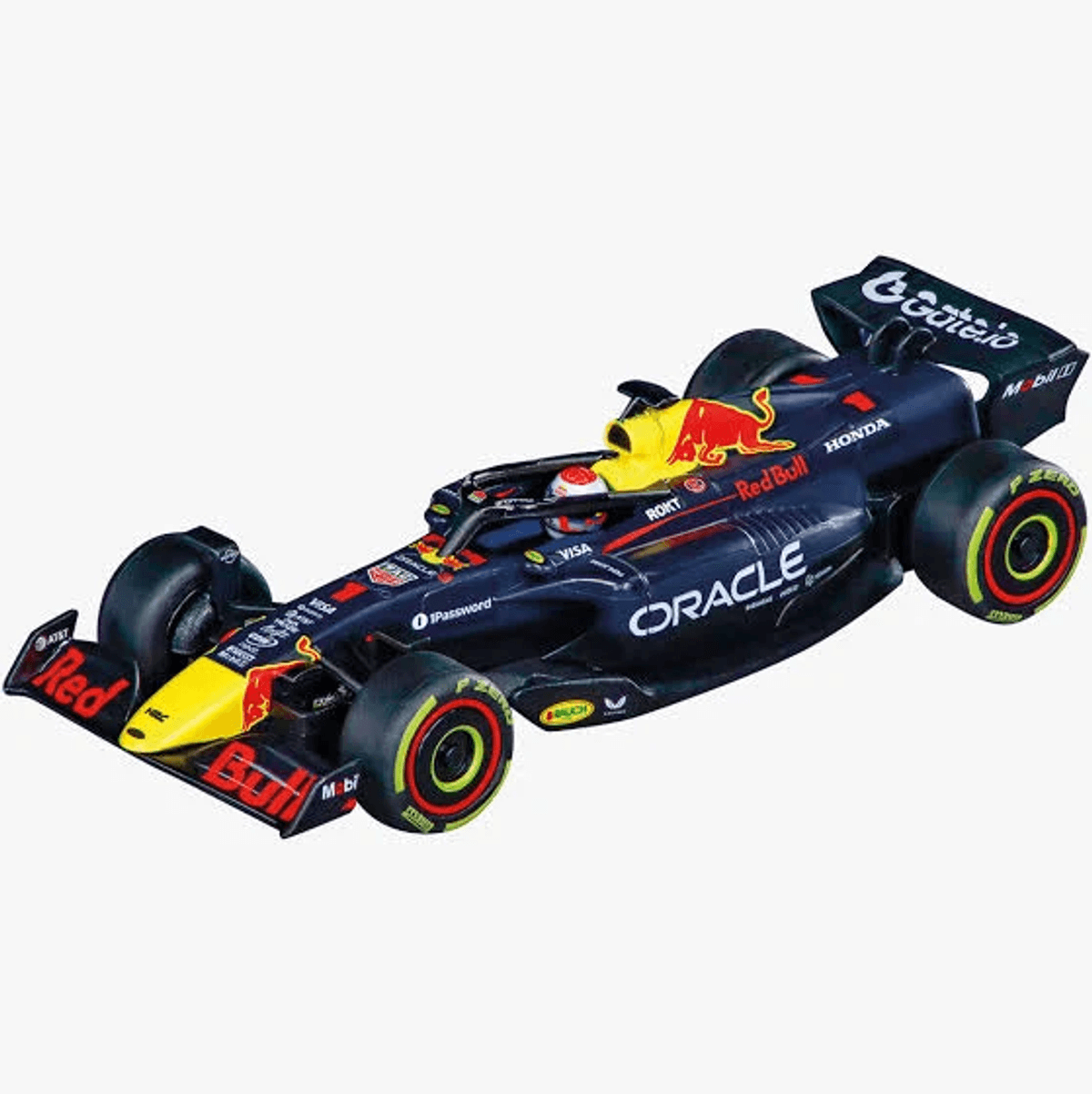 Modelo de un coche de carreras de Fórmula 1 Red Bull azul oscuro con detalles amarillos y rojos sobre fondo blanco.