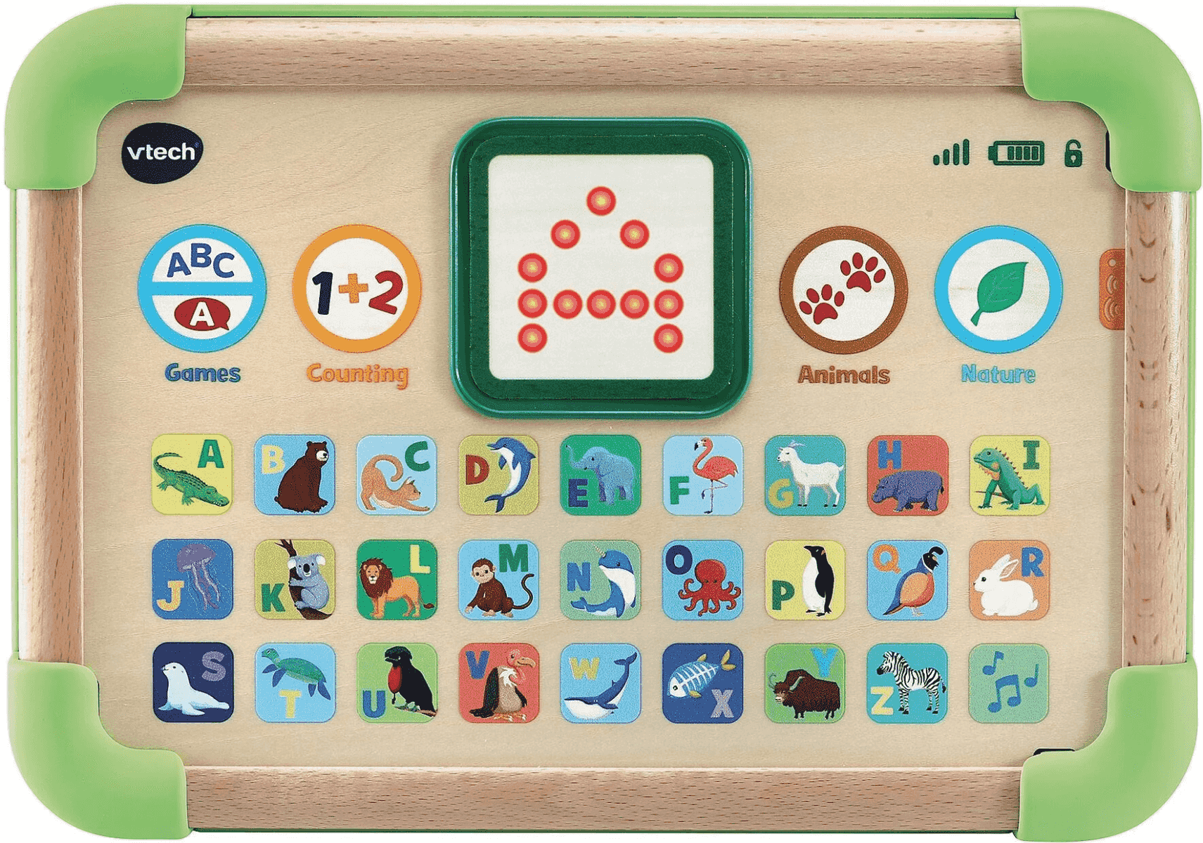 Juguete educativo de madera con botones coloridos para animales y abecedario.