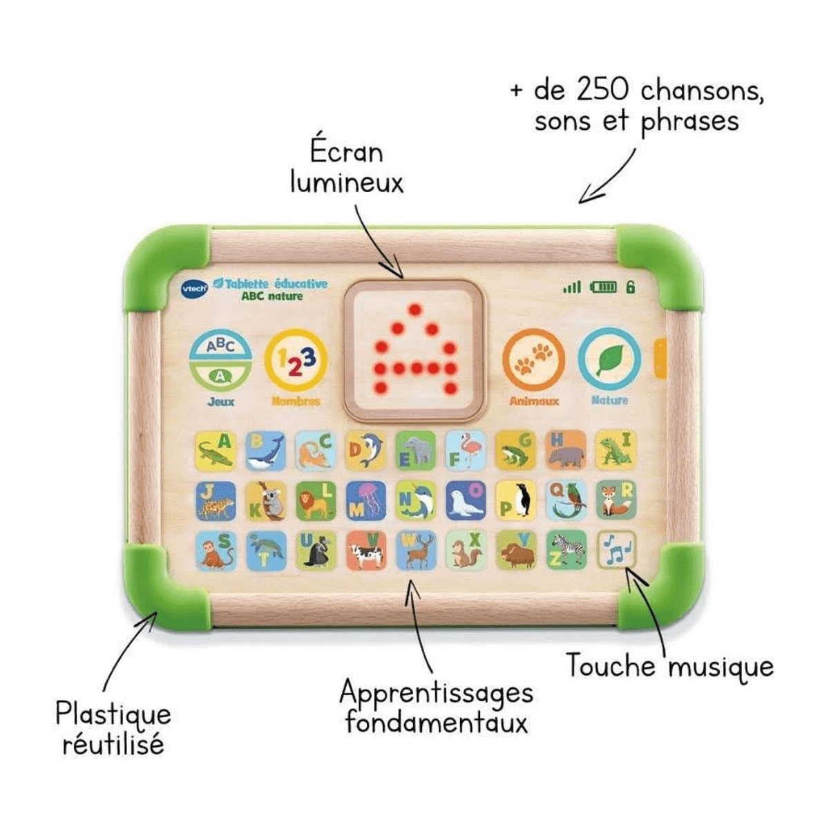 Un juguete educativo de madera con botones coloridos, pantalla central y etiquetas explicativas en francés.