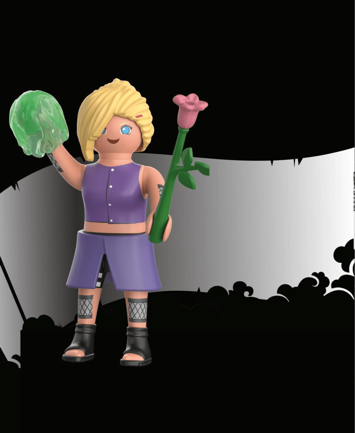 Figura de Playmobil con pelo rubio, ropa morada, baba verde y una rosa rosa sobre un fondo brillante.