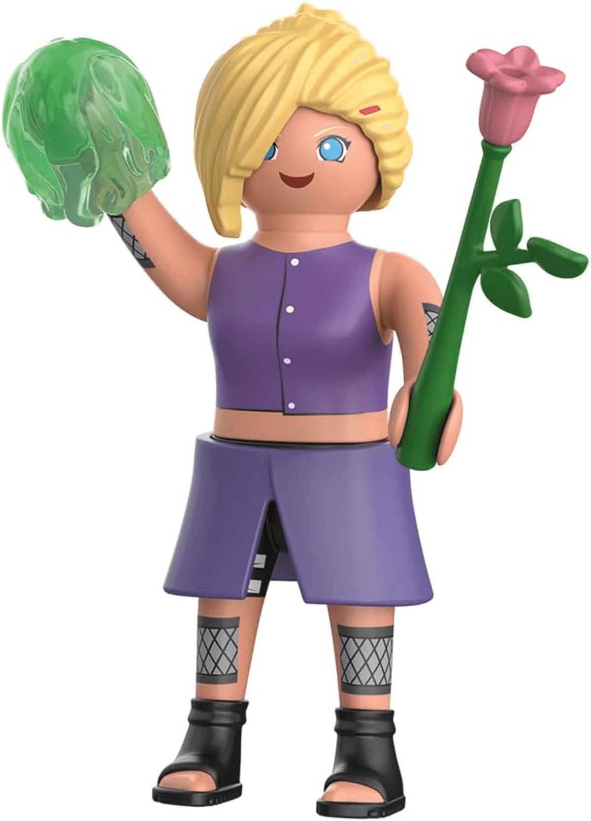 Figura de Playmobil con cabello rubio, top morado, falda, sosteniendo moco verde y rosa.