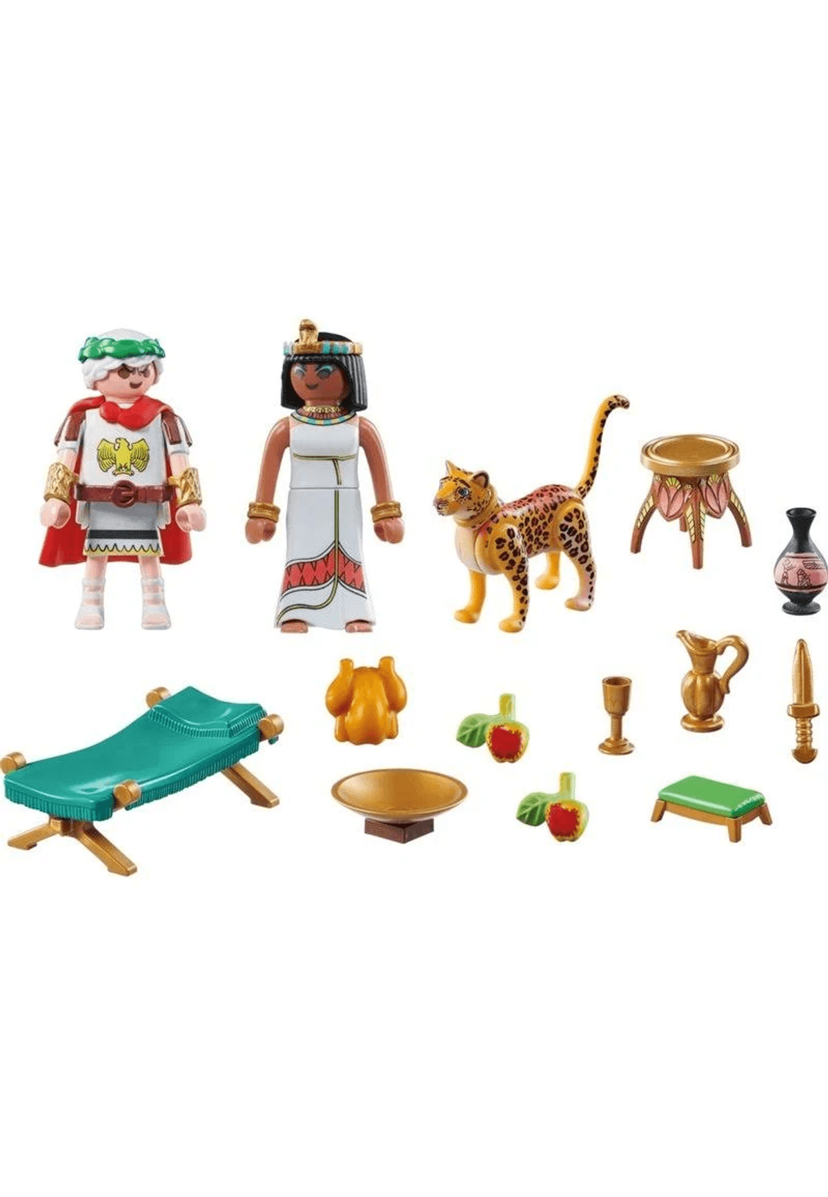 Set de Playmobil con figuras de un romano y un egipcio, un leopardo, muebles y accesorios de comida sobre fondo blanco.