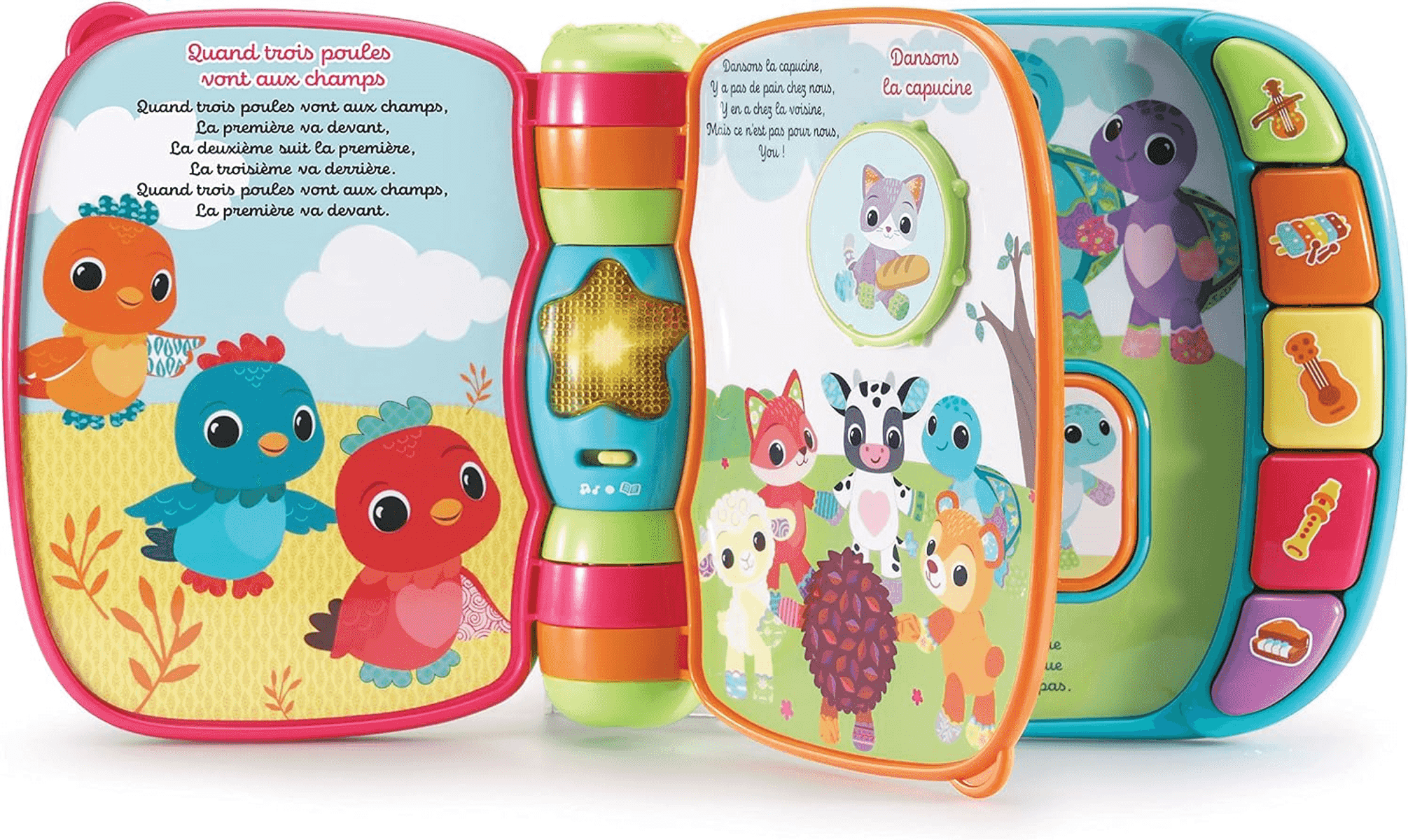 Libro de juguete infantil colorido con animales, letras y botones en el lateral.