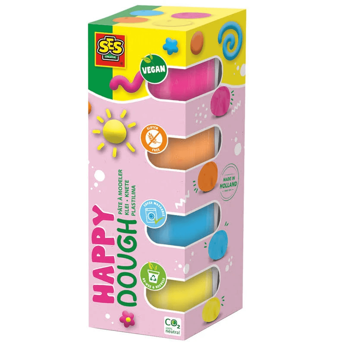 Caja colorida de Happy Dough con cuatro recipientes visibles de plastilina rosa, naranja, azul y amarilla.