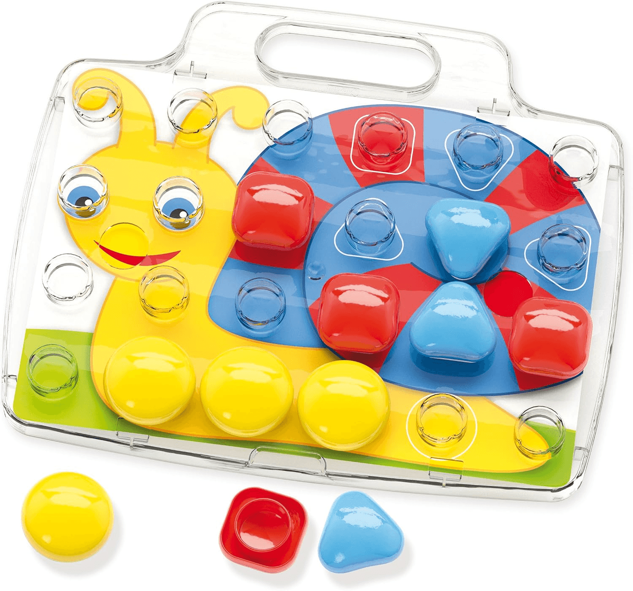 Un juguete infantil con un caracol colorido y formas geométricas de colores en una caja transparente.