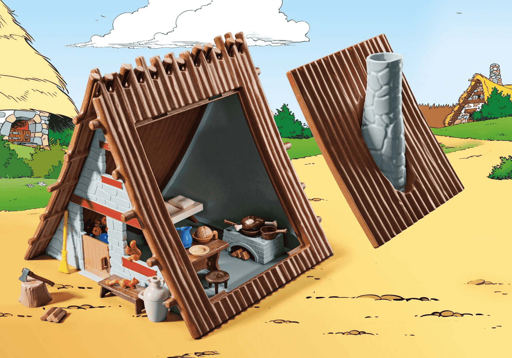 Una casa de juguete estilo cómic con techo desmontable, interior abierto, muebles y utensilios.
