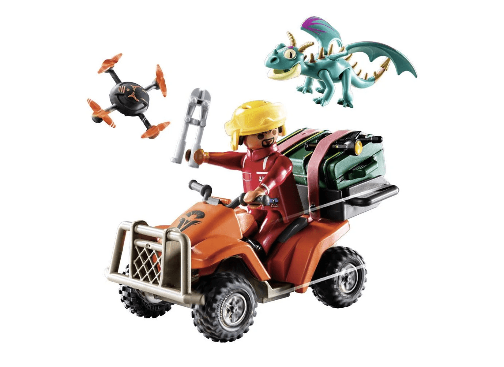 Figura de Playmobil en quad naranja, con un dron y un dragón verde.