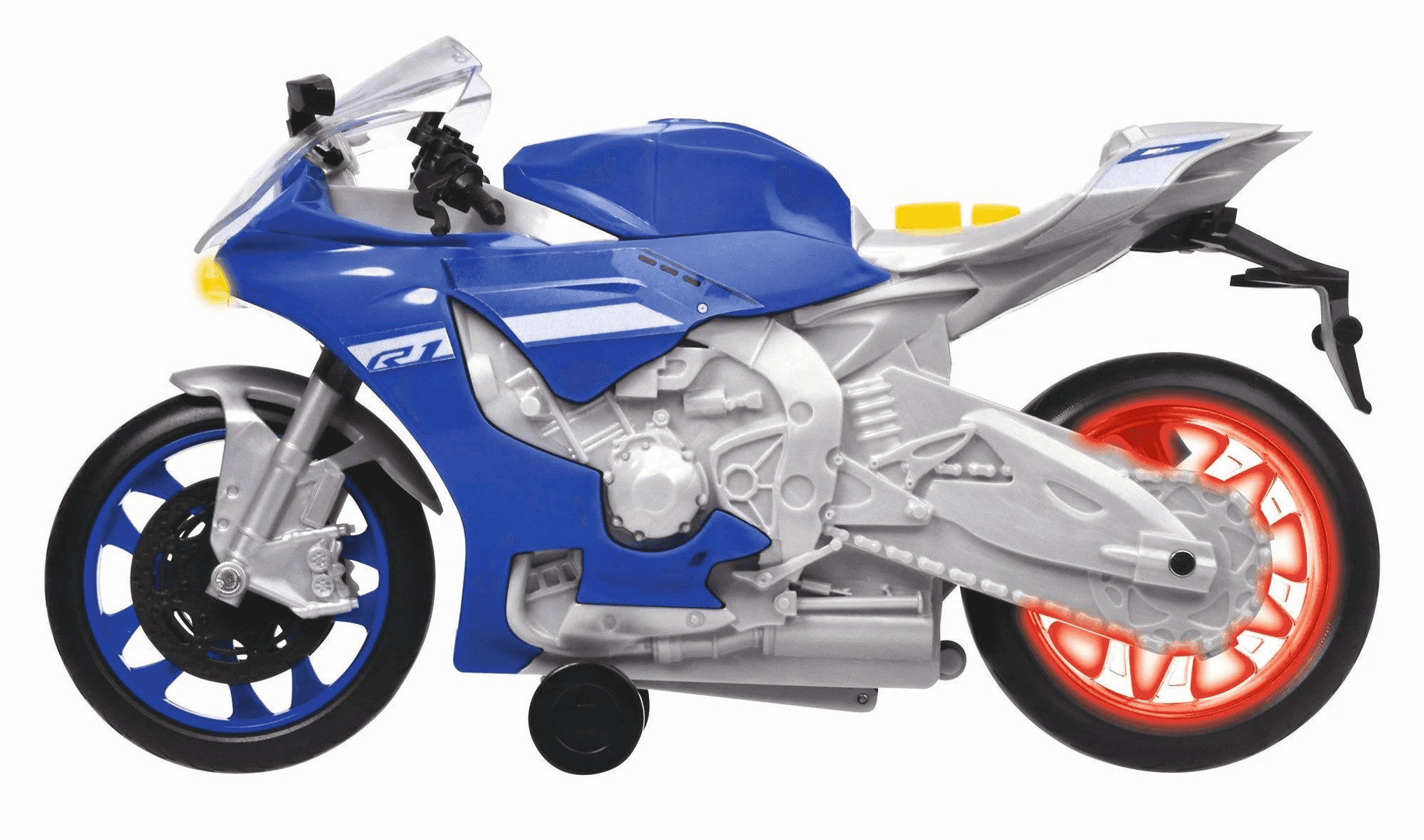 Una motocicleta de juguete azul y plateada con rueda trasera roja brillante sobre fondo blanco.