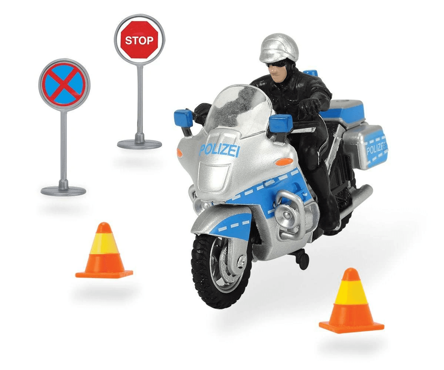 Una motocicleta de policía de juguete con conductor, señales de tráfico y conos sobre fondo blanco.