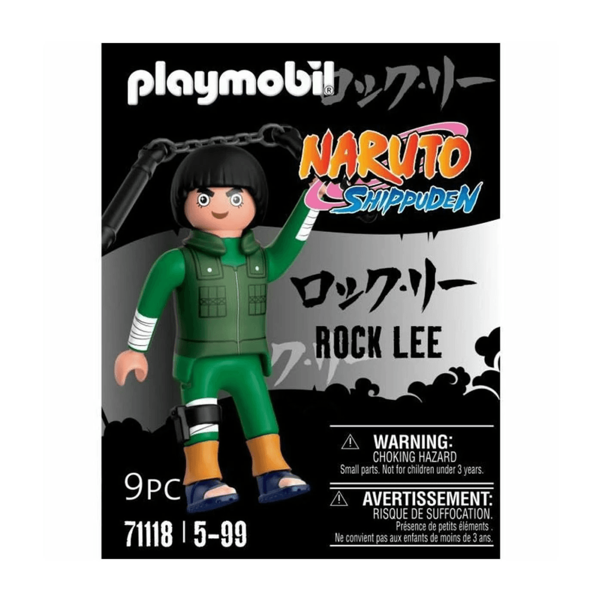 Playmobil Naruto Shippuden Rock Lee Figur Box mit Nunchaku und Warnhinweisen.