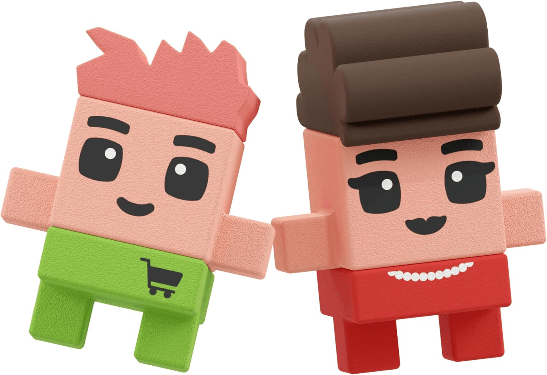 Dos figuras de juguete en bloques, una con pelo rosa y pantalón verde, la otra con pelo marrón, vestido rojo y perlas.