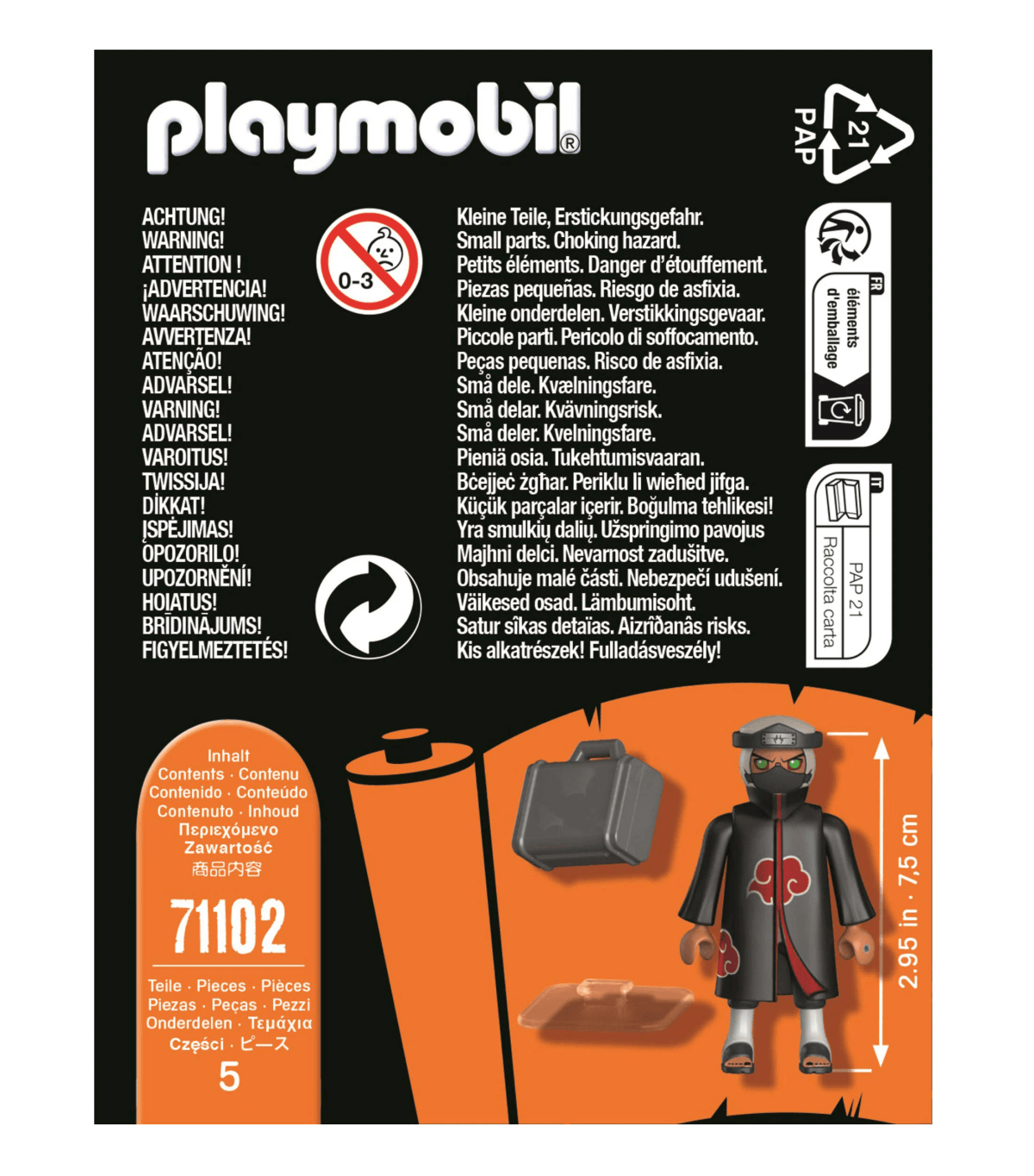 Embalaje de Playmobil con advertencias, 5 piezas y una figura con capa negra y nubes rojas.