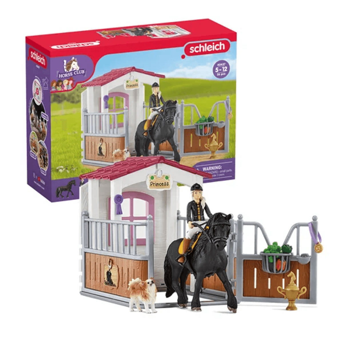 Ein Schleich Pferdebox Spielset mit schwarzem Pferd, Reiterfigur, kleiner Hunderasse, Zubehör und Verpackung.