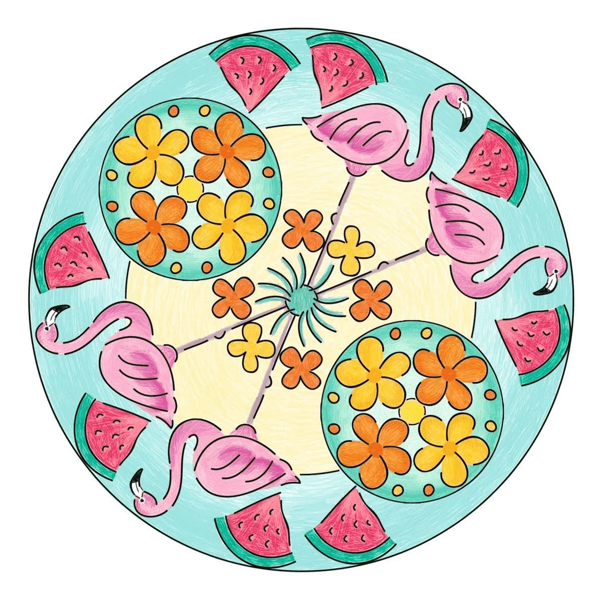 Un mandala circular de verano con flamencos rosas, flores amarillas y naranjas, y rodajas de sandía sobre fondo azul.