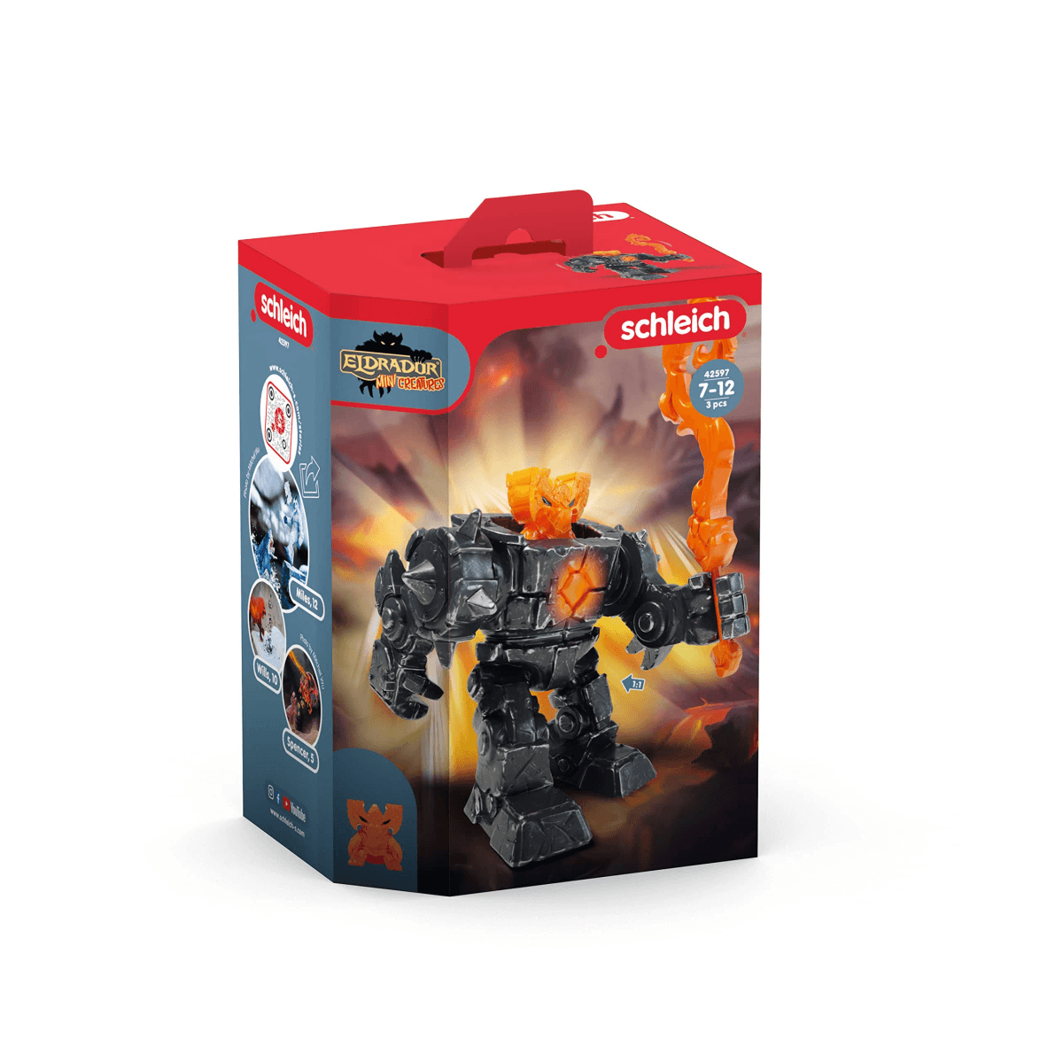 Caja de juguete Schleich Eldrador Mini Creatures con un robot de piedra oscura con un núcleo de cristal naranja.