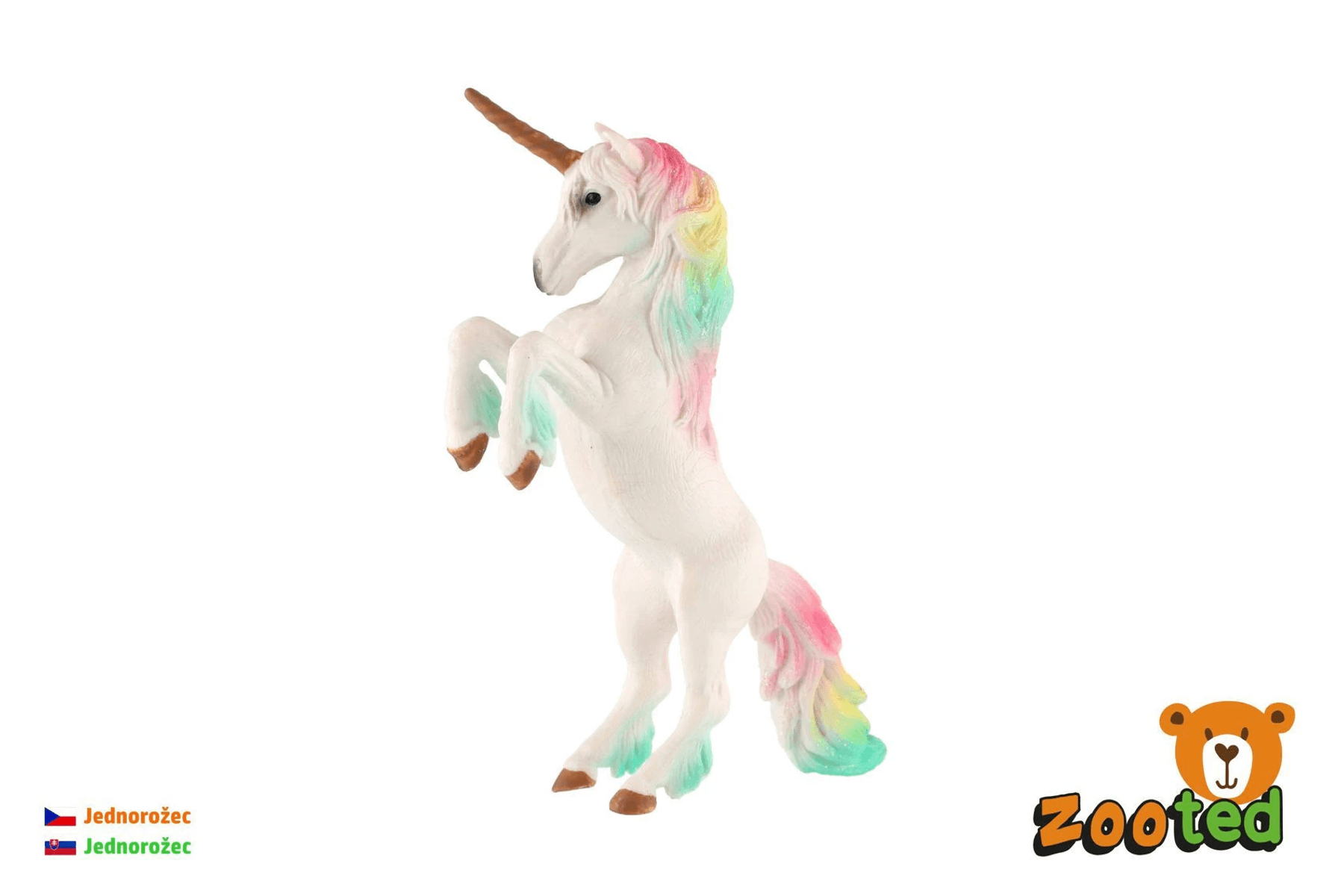Una statuetta di unicorno bianco con criniera e corno rosa e turchese su sfondo bianco.