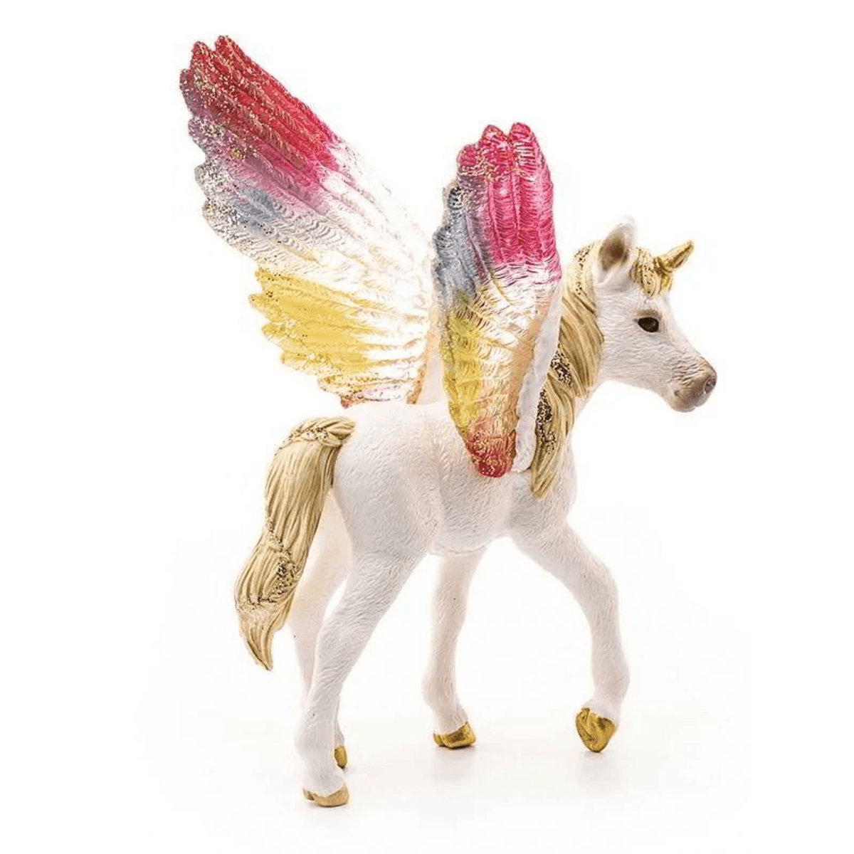 Una statuetta di unicorno pegaso bianco con zoccoli dorati e grandi ali glitterate colorate su sfondo bianco.