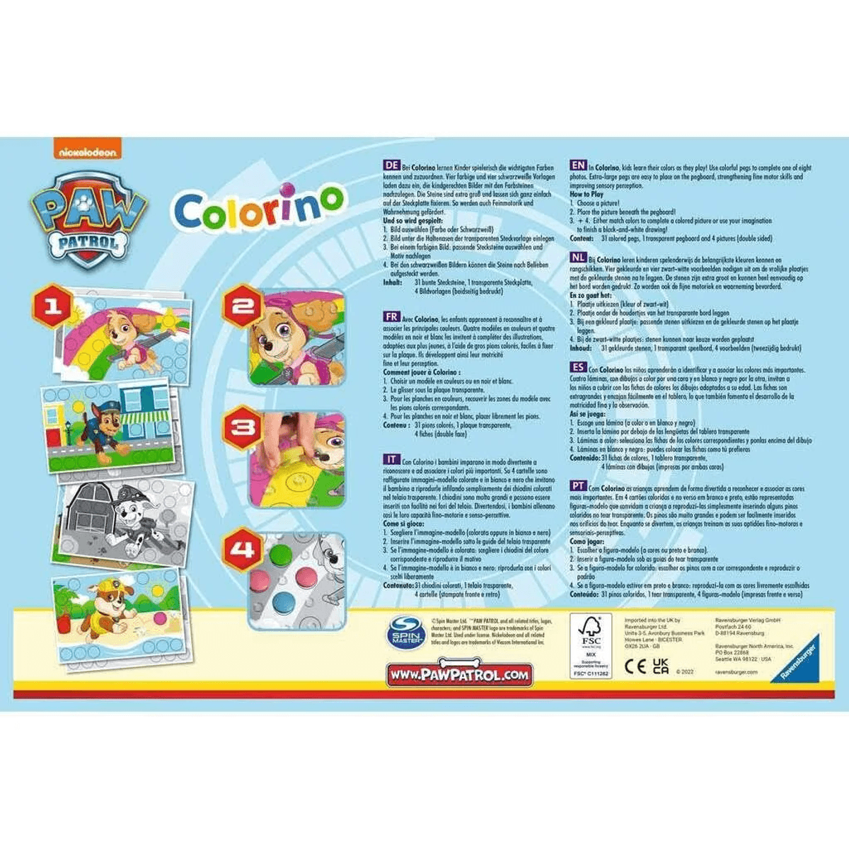 Rückseite der Paw Patrol Colorino Spielverpackung mit Anleitungen und bunten Bildern.
