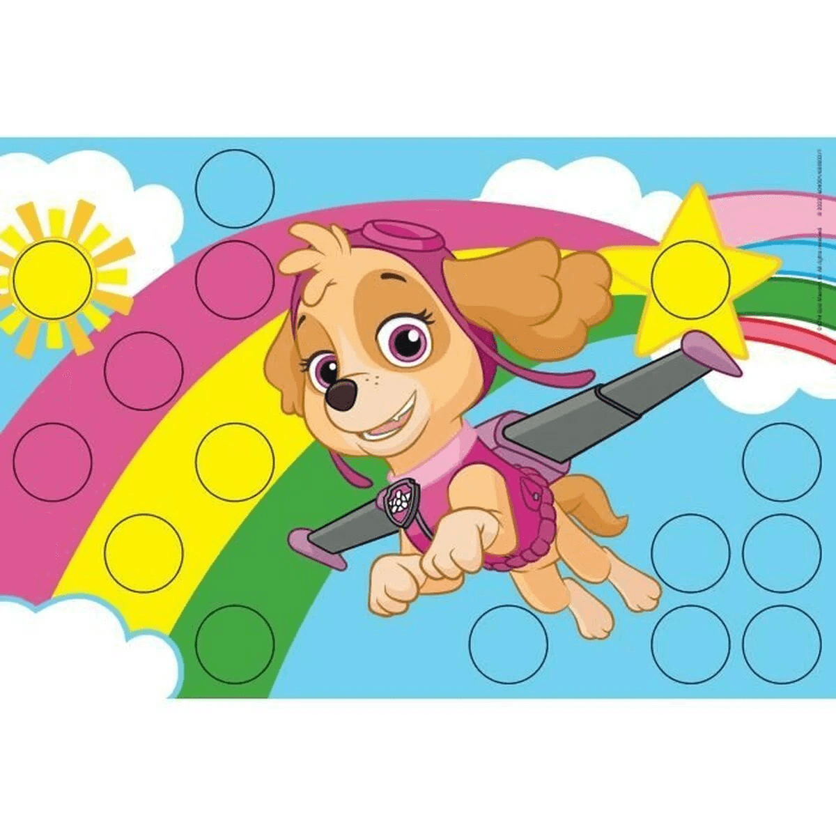 Skye aus Paw Patrol fliegt mit Jetpack vor Regenbogen, Sonne und Wolken mit runden Feldern.