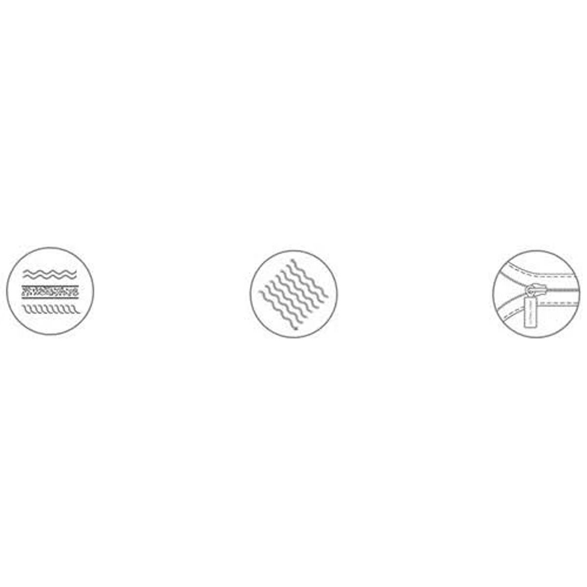 Tres iconos circulares que muestran capas de tela, textura ondulada y una cremallera cerrada.