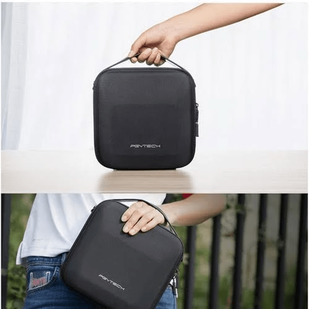 Una persona sostiene un estuche negro de PGYTECH, mostrado en interiores y exteriores.