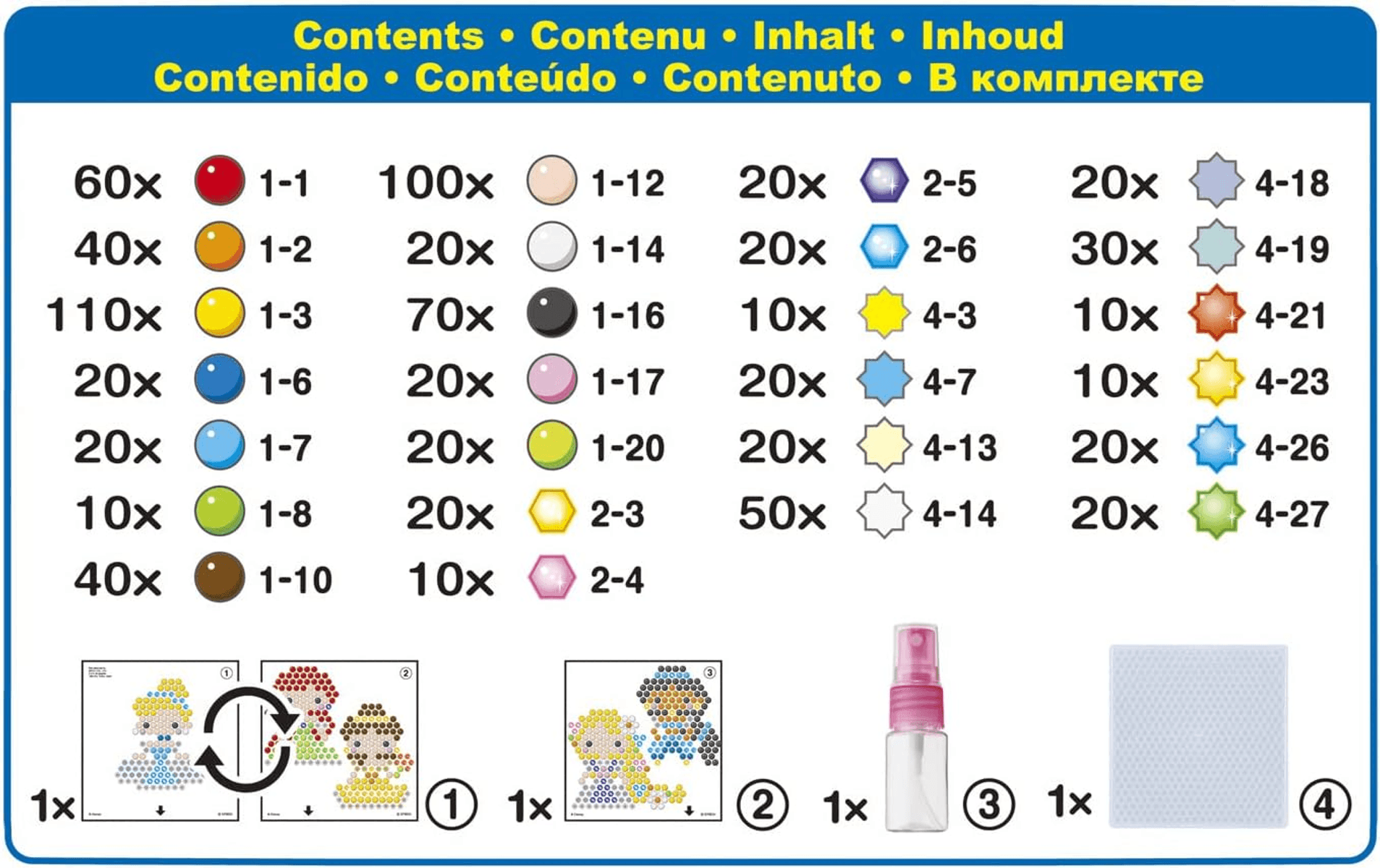 Lista de contenidos con cantidades de cuentas de colores, patrones, spray y placa.