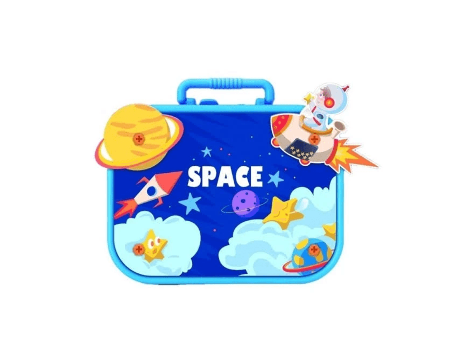 Una maleta de juguete azul con tema espacial con planetas, estrellas, cohetes y pegatinas de astronautas en fondo blanco.